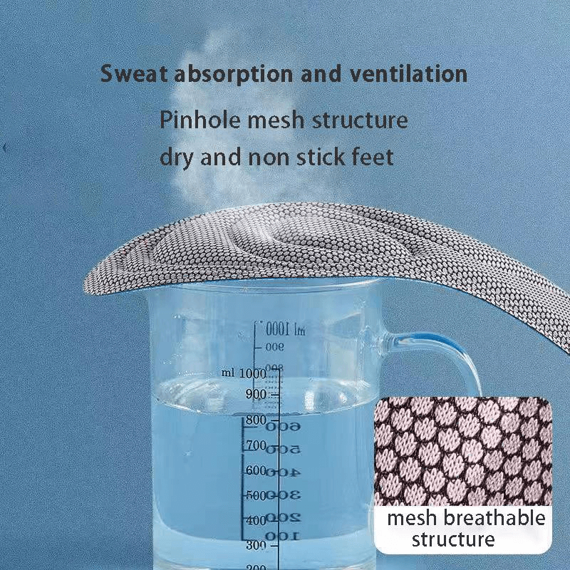 Mesh breathable insole demonstrating sweat absorption and ventilation on a beaker, with focus on moisture resistance.